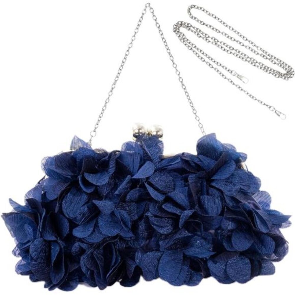 Elegant Blue Evening Purse Small Floral Clutch Bag with Detachable Chain Strap